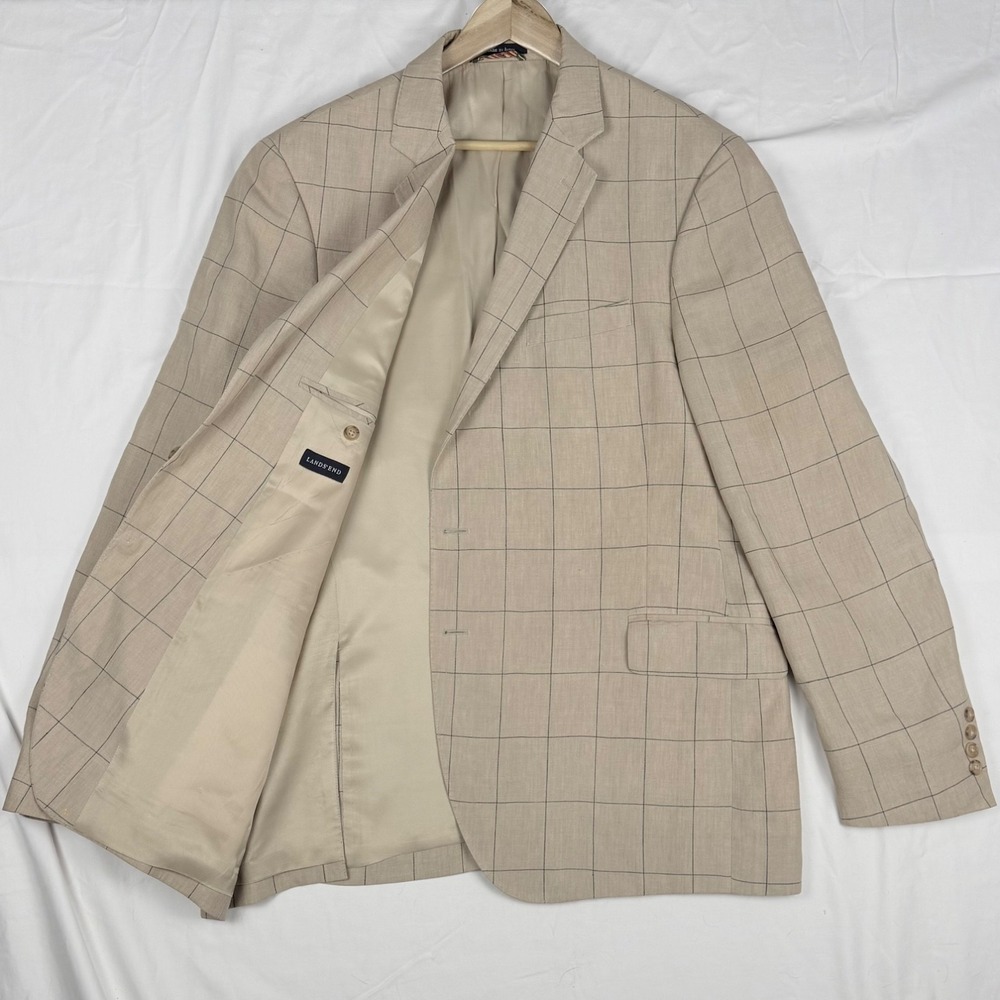 Lands End Sport Coat Blazer Tan Window Pane 100% Linen Country Club - Picture 5 of 15